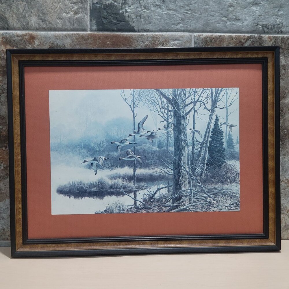 Vintage Framed Art Print Remington Wildlife Art Beecham Mallards in Flight